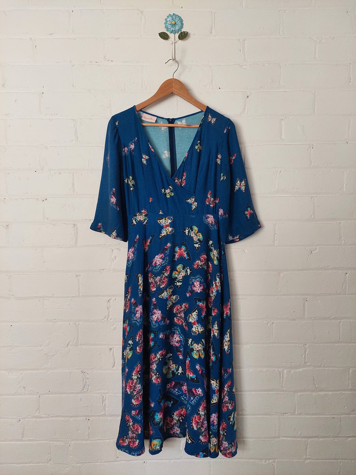 Maiocchi blue midi dress with floral butterfly print, Size 8