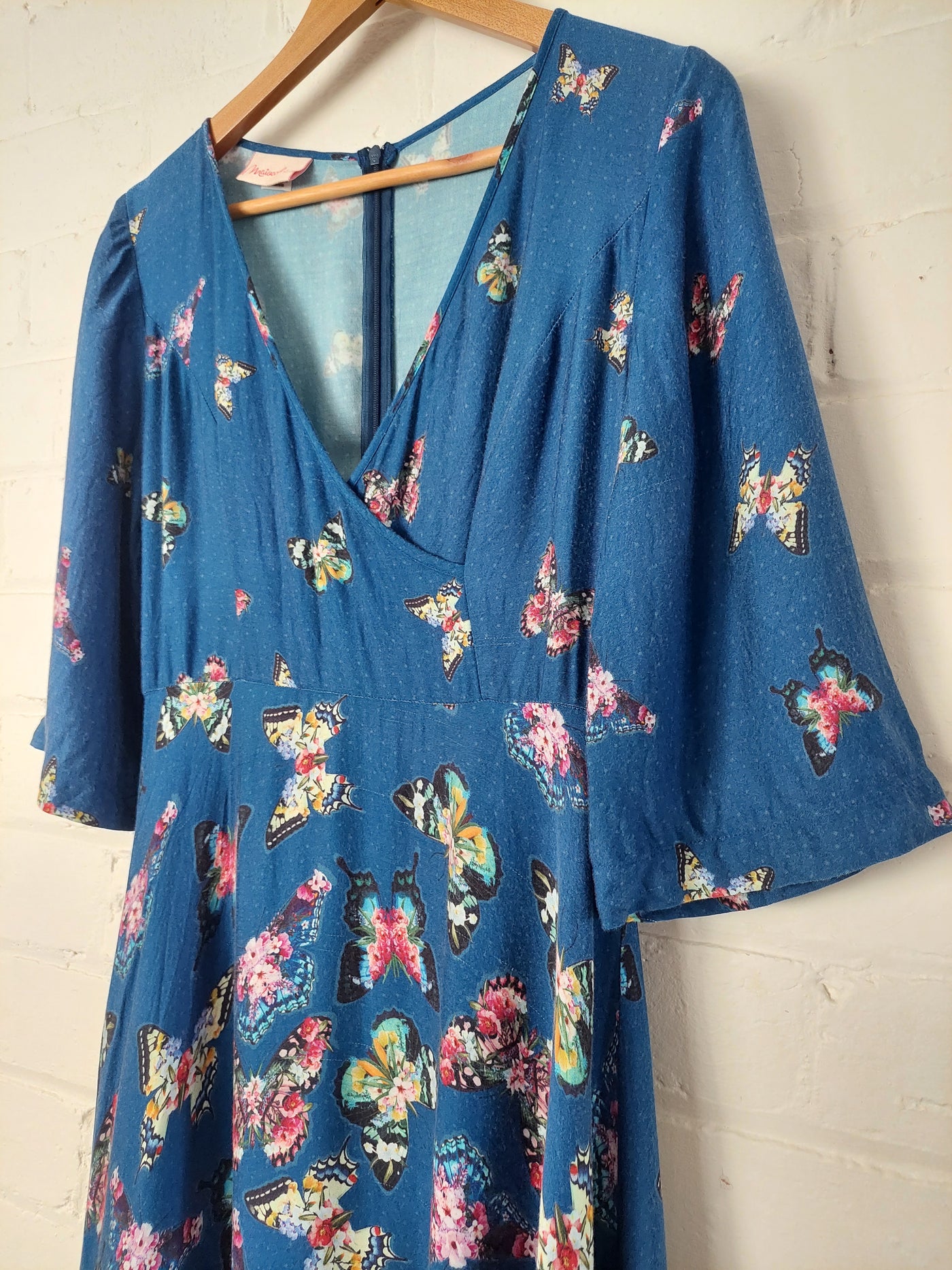 Maiocchi blue midi dress with floral butterfly print, Size 8