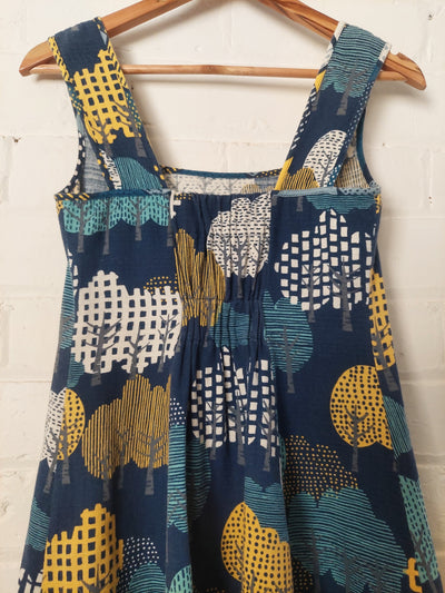 Maiocchi retro style blue cotton dress with yellow tree print, Size 6