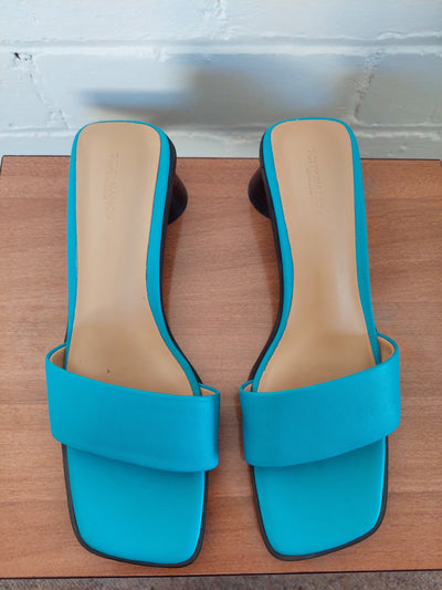 Tony Bianco square toe blue leather mules, Size 7