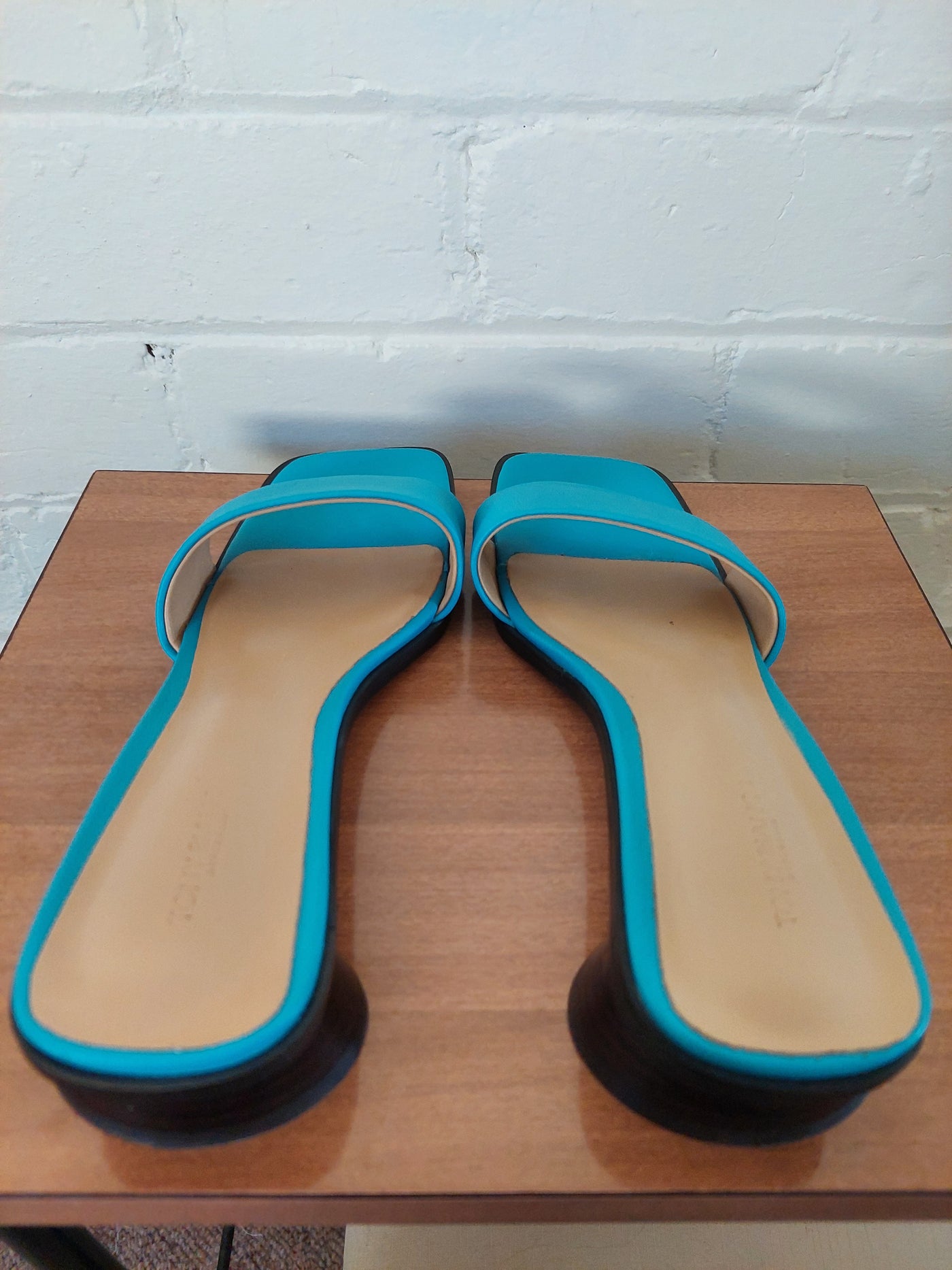 Tony Bianco square toe blue leather mules, Size 7