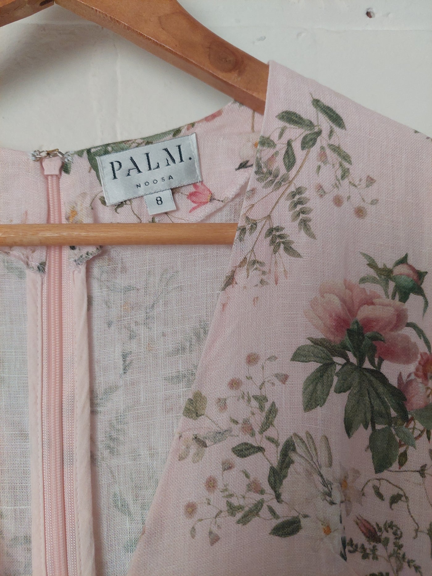 Palm Noosa Lindsay linen mini dress in pink floral, Size 8