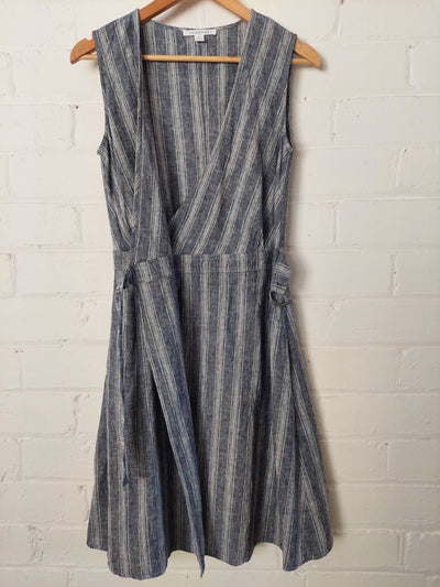 Trenery striped linen blend wrap dress, Size 8