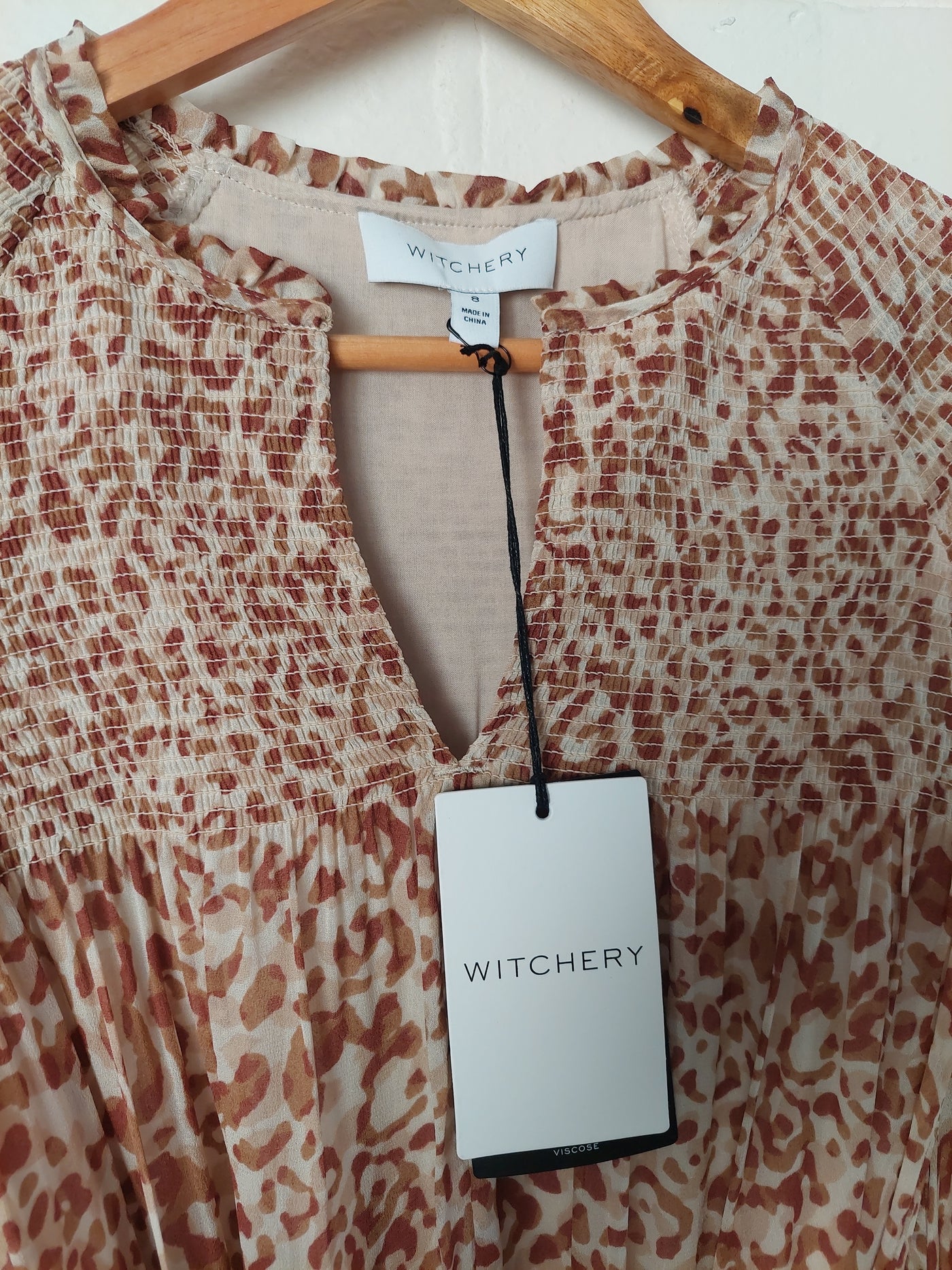 Witchery BNWT Animal Print Shirred Dress - Almond, Size 8