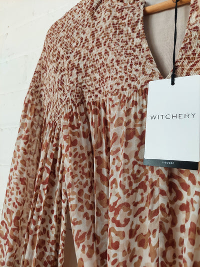Witchery BNWT Animal Print Shirred Dress - Almond, Size 8