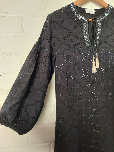 FLANNEL Designer V-neck black broderie dress with silk trim, Size 1 (AU 8-10)