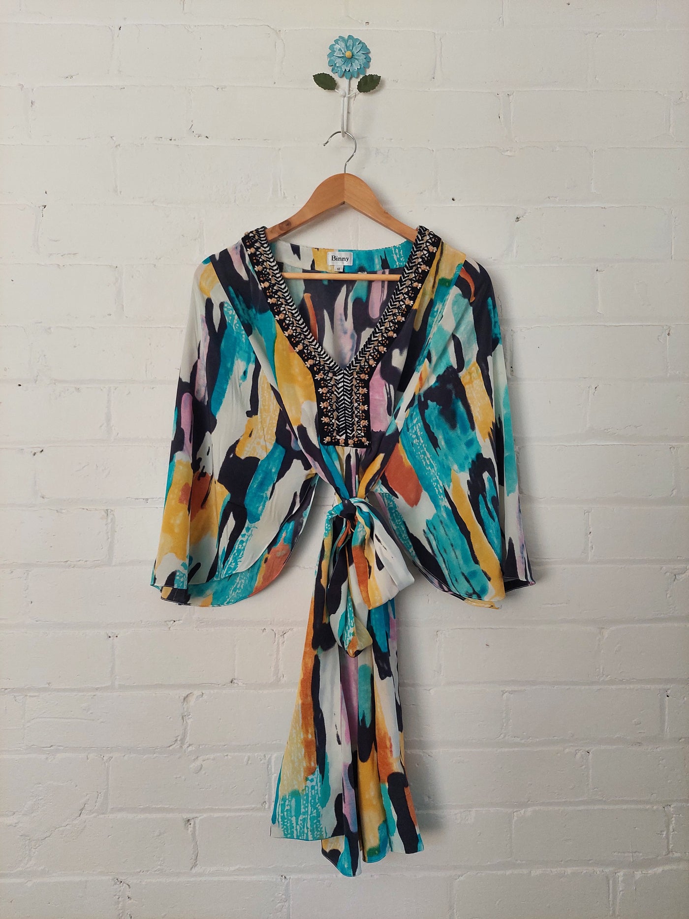 Binny 100% Silk kaftan dress with embroidery detail, Size 10