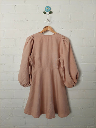 Shona Joy 'Ace' Linen Puff Sleeve Mini Dress in Desert Rose, Size 10