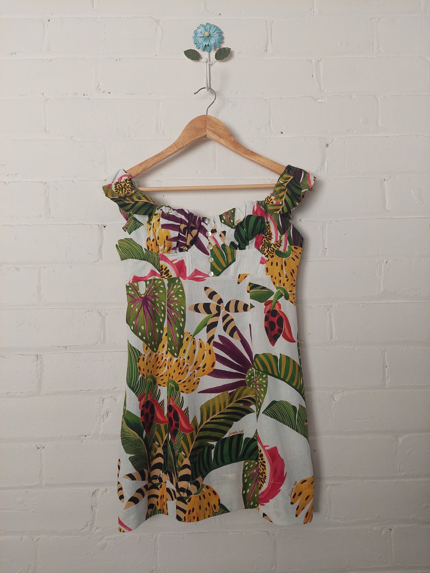 FARM Rio 'Striped Forest' Ruffled printed linen-blend Mini Dress, Size S