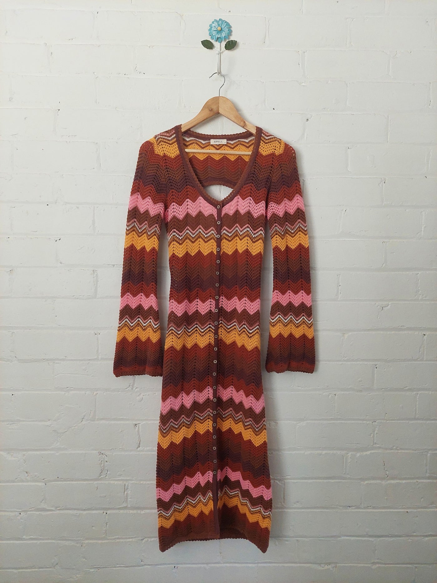 Spell 'Ziggy' Crochet Midi Dress in Ginger, Size M (AU 10 / US 6)