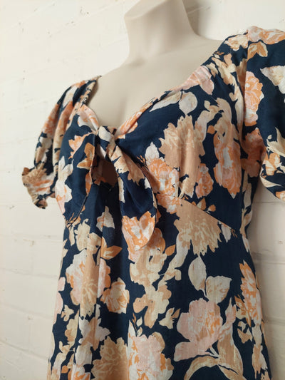 Kivari BNWT 'Briar' Linen Tie Front Maxi Dress - Navy Floral, Size XL (AU 14)