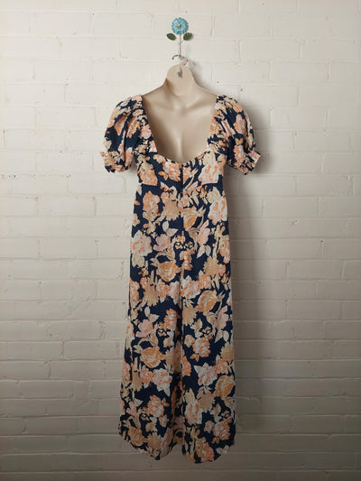 Kivari BNWT 'Briar' Linen Tie Front Maxi Dress - Navy Floral, Size XL (AU 14)