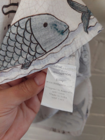 Binny 100% Cotton fish print long sleeve dress, Size 8