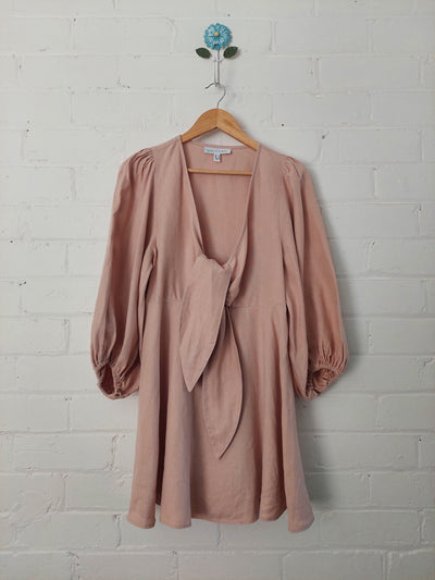 Shona Joy 'Ace' Linen Puff Sleeve Mini Dress in Desert Rose, Size 14