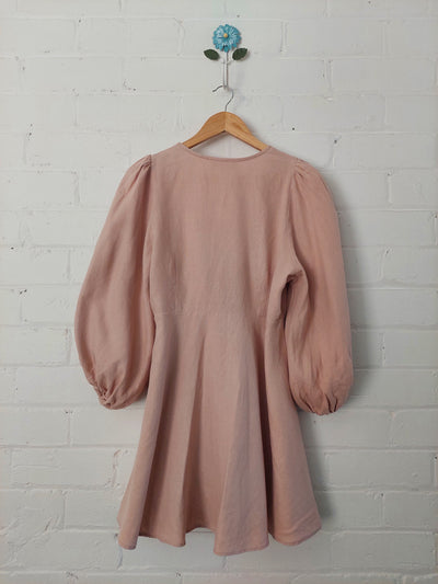 Shona Joy 'Ace' Linen Puff Sleeve Mini Dress in Desert Rose, Size 14