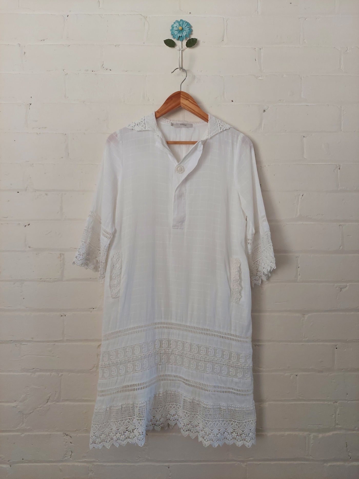 Binny 100% Cotton Dress with lace trim - White, Size 8