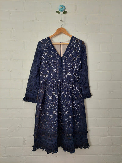 Binny 'Babilonia’ navy blue broderie anglaise dress, Size 12
