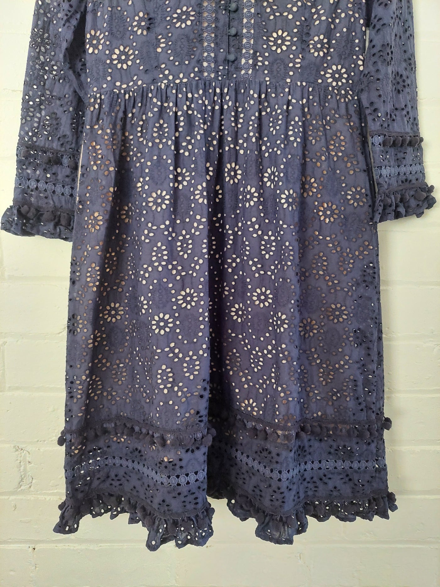 Binny 'Babilonia’ navy blue broderie anglaise dress, Size 12