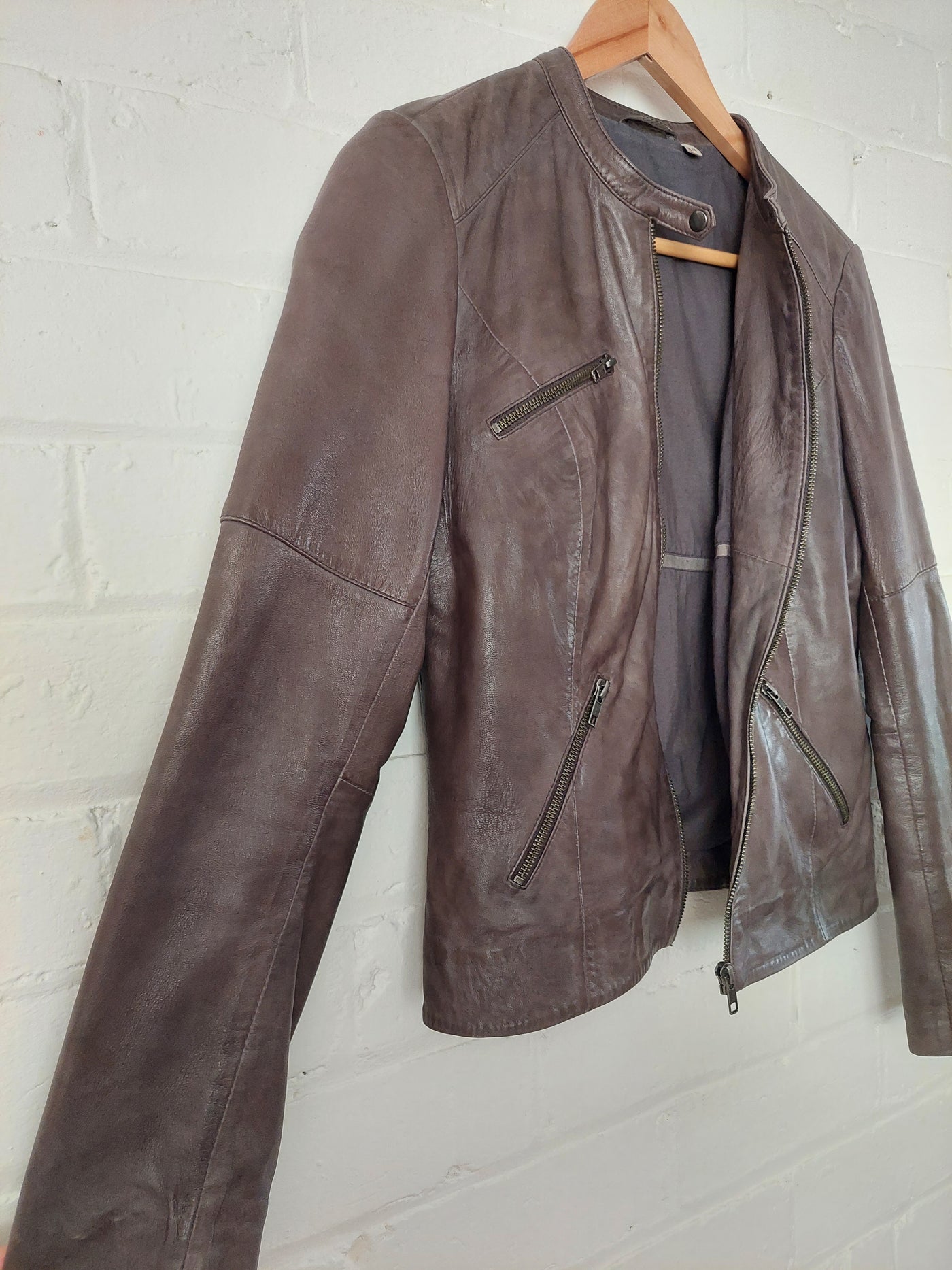 NAF NAF zip front brown leather biker jacket, Size 38 (AU M)