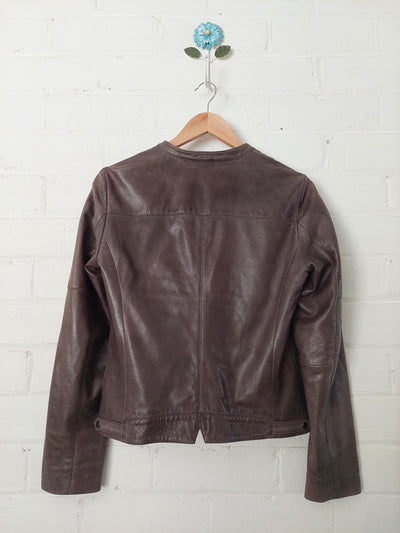 NAF NAF zip front brown leather biker jacket, Size 38 (AU M)