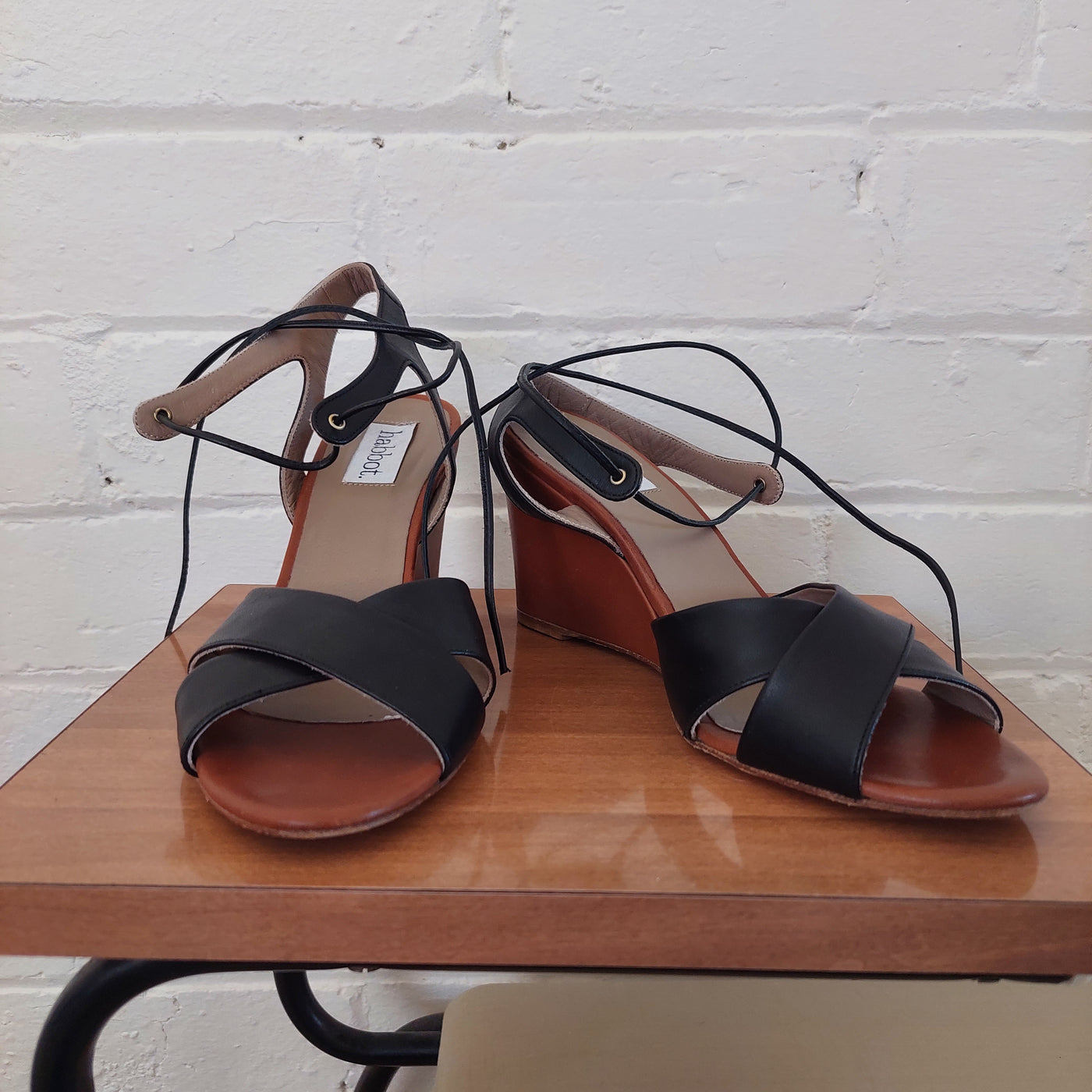 Habbot Strappy Wedge Sandals - Black Leather, Size EU 40 / AU 9
