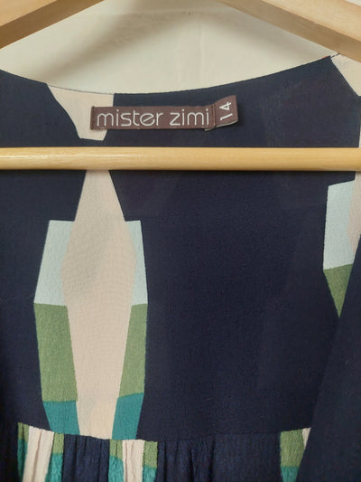Mister Zimi Saskia Midi Dress in Navy Aztec, Size 14