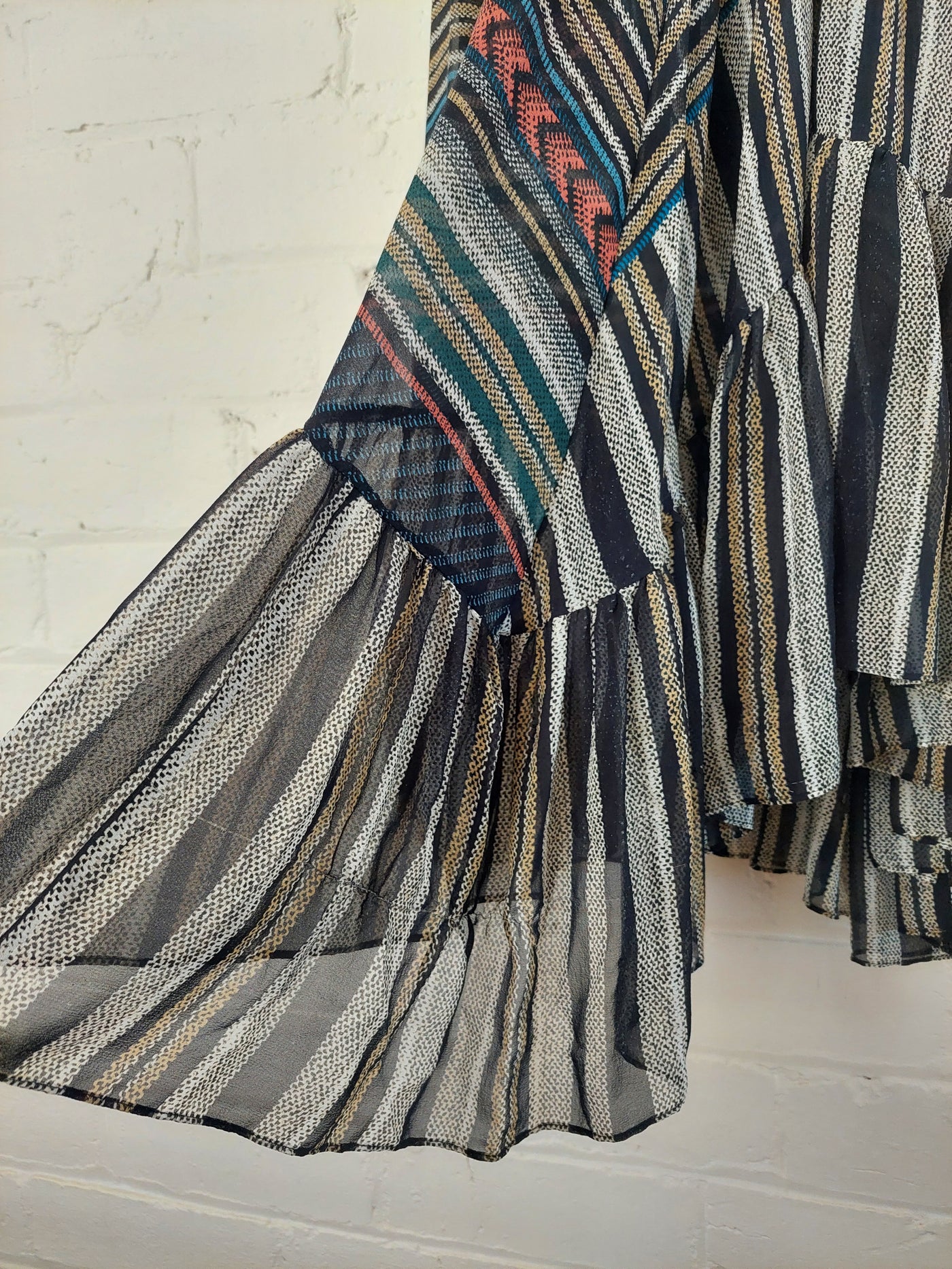 HUSK 100% Silk Striped Midi Dress with Asymmetric Ruffle Hem, Size 8
