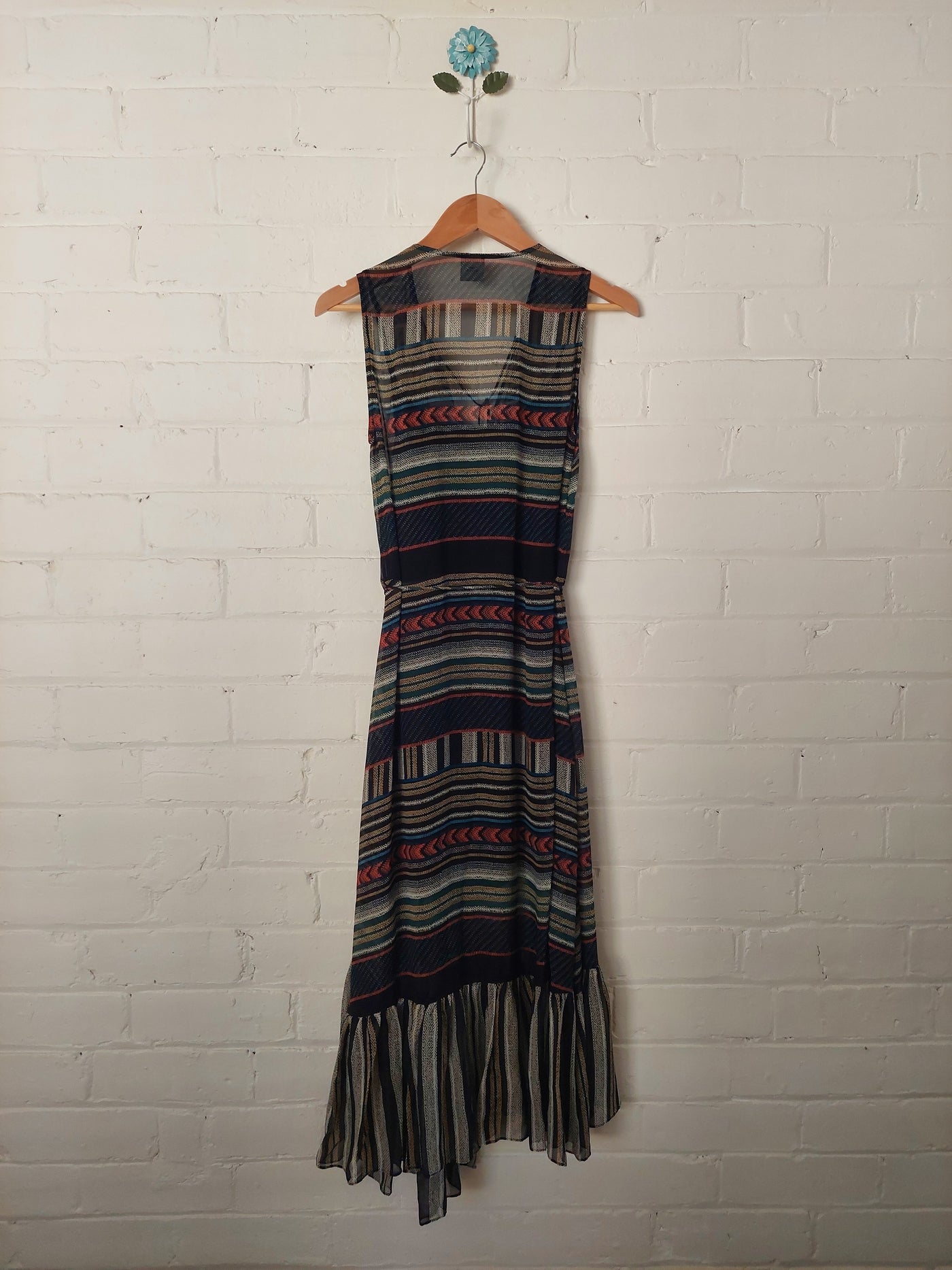 HUSK 100% Silk Striped Midi Dress with Asymmetric Ruffle Hem, Size 8