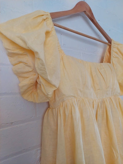 SOVERE Studio BNWT Relish Linen Mini Dress in Lemon Butter, Size 14