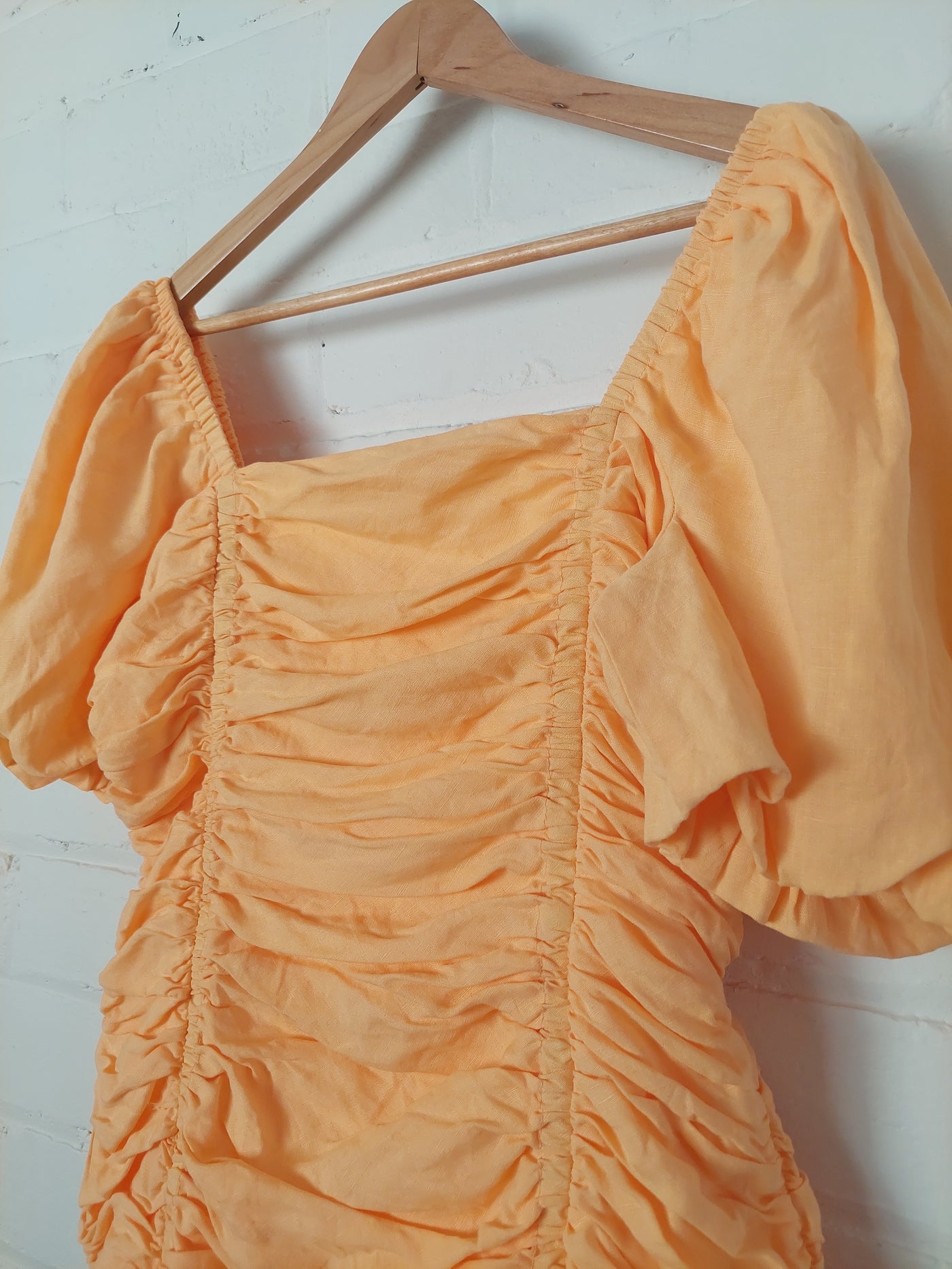 Bec & Bridge Jo Jo Ruched Linen Mini Dress in Melon, Size 12