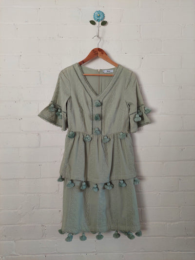 Binny Green Embroidered Cotton Dress with Tassel Detail, Size 8