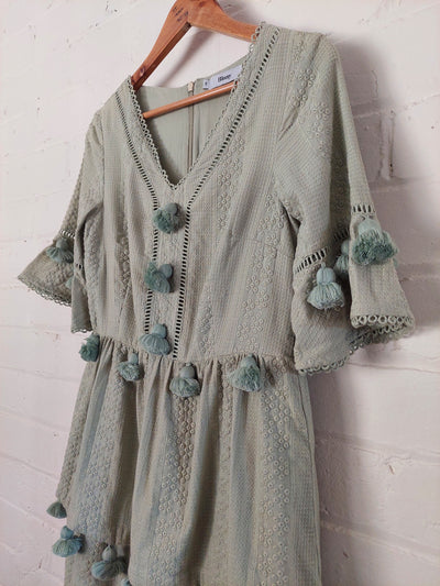 Binny Green Embroidered Cotton Dress with Tassel Detail, Size 8