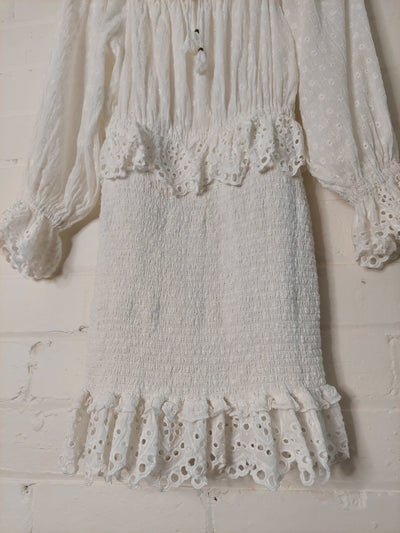 Spell & the Gypsy Collective Daisy Chain Ruched Mini Dress - White, Size S (AU 8 / US 4)