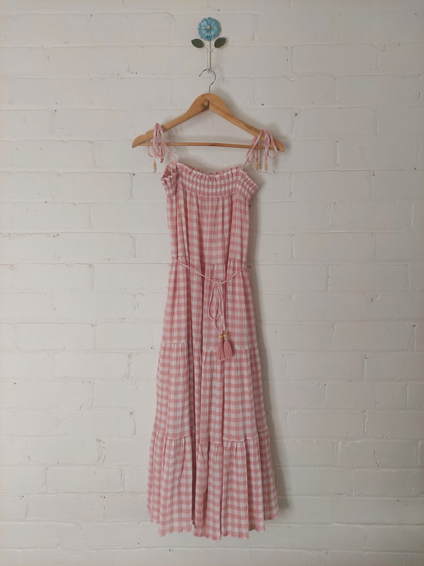 Kivari BNWT Stevie Tiered Midi Dress in Pink Gingham Check, Size 12