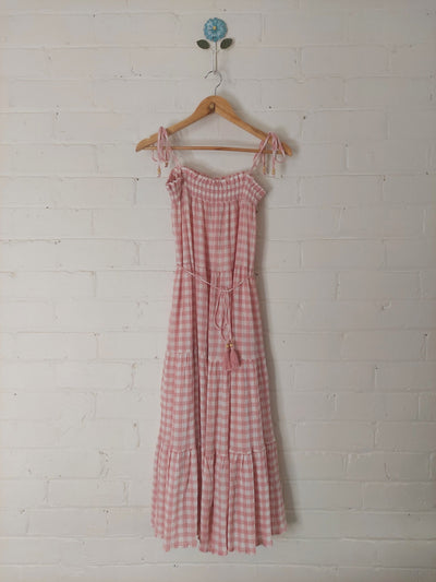 Kivari BNWT Stevie Tiered Midi Dress in Pink Gingham Check, Size 12