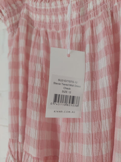 Kivari BNWT Stevie Tiered Midi Dress in Pink Gingham Check, Size 12