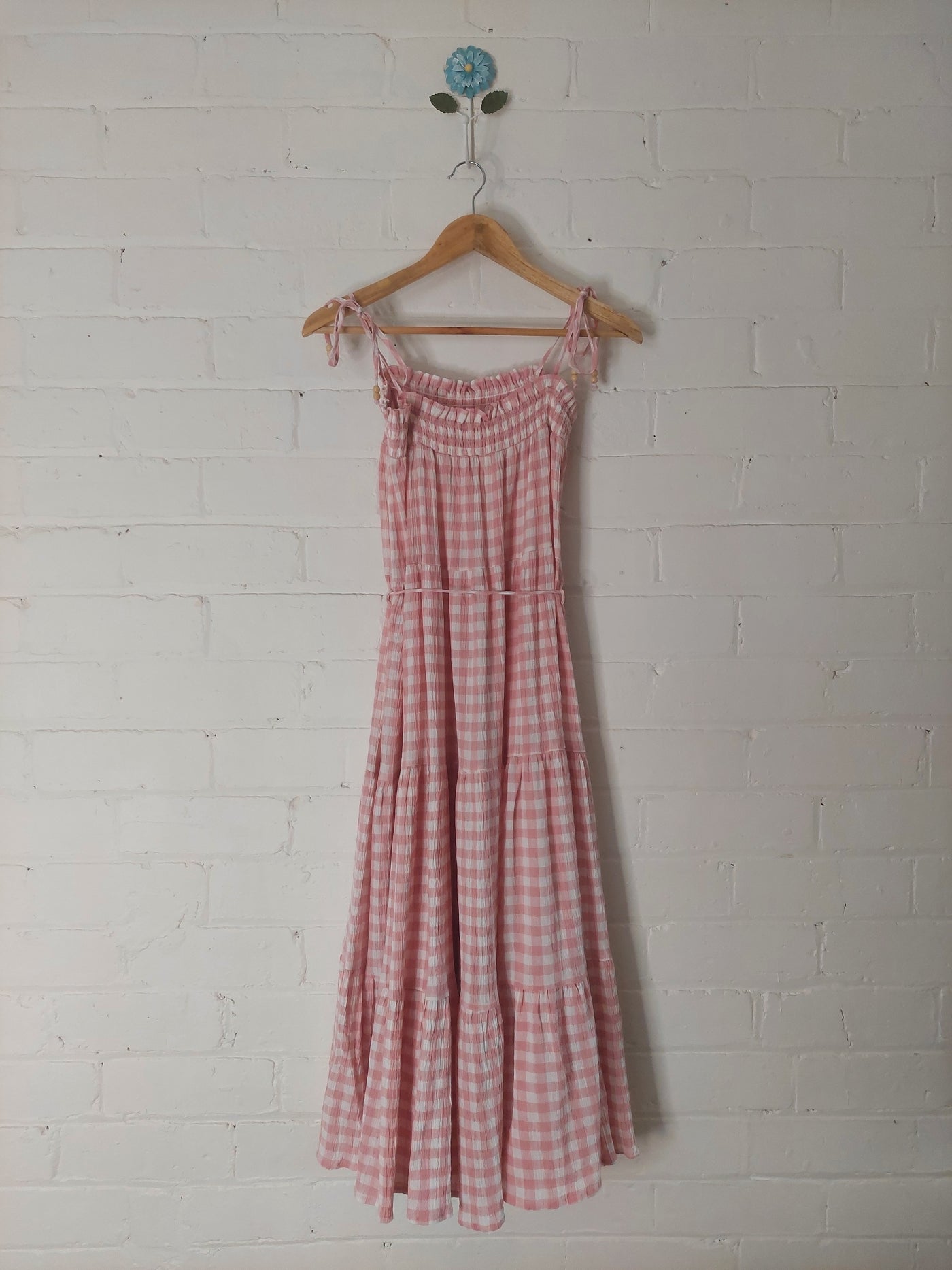 Kivari BNWT Stevie Tiered Midi Dress in Pink Gingham Check, Size 12