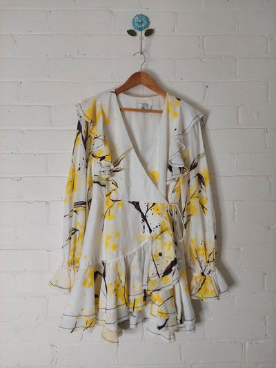 Aje Mimosa Wrap Mini Dress in Wattle Print, Size 12