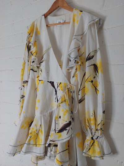 Aje Mimosa Wrap Mini Dress in Wattle Print, Size 12