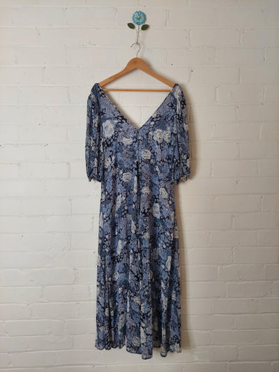 GANNI Elm Georgette Midi Dress - Heather Blue Floral, Size S (AU 8-10 / US 4)