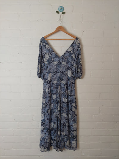 GANNI Elm Georgette Midi Dress - Heather Blue Floral, Size S (AU 8-10 / US 4)