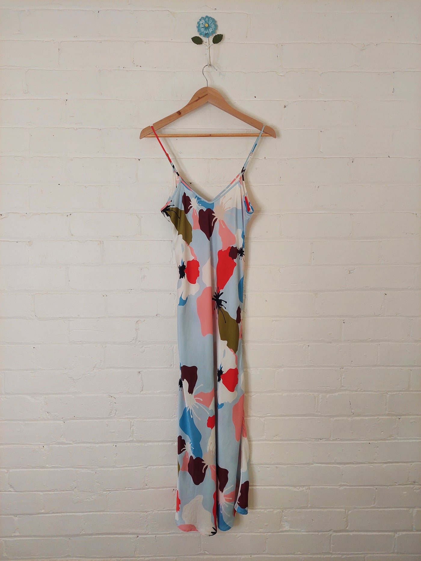 Silk Laundry 90s Slip Dress - Blue Abstract Flowers, Size L