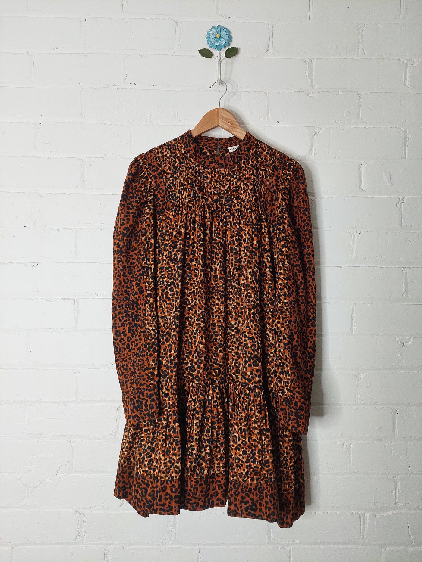 ULLA JOHNSON Amira Pintucked Leopard Print Cotton Mini Dress, US Size 6 (AU 10)