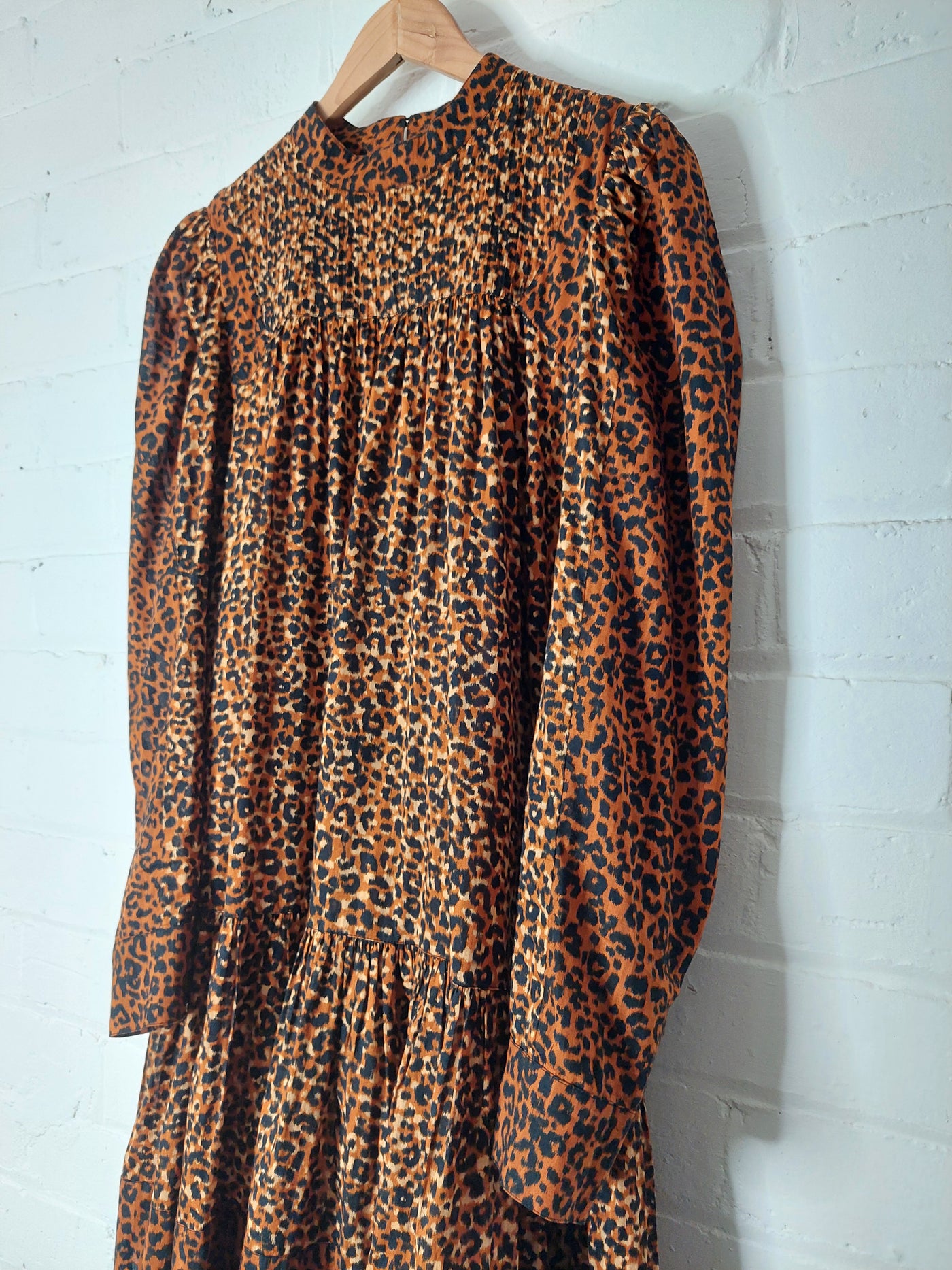 ULLA JOHNSON Amira Pintucked Leopard Print Cotton Mini Dress, US Size 6 (AU 10)