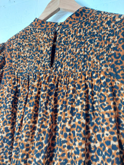 ULLA JOHNSON Amira Pintucked Leopard Print Cotton Mini Dress, US Size 6 (AU 10)