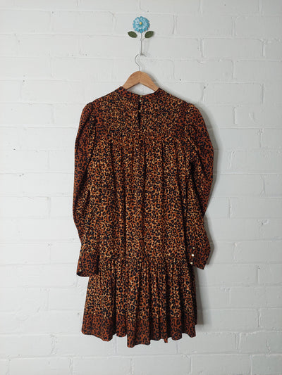 ULLA JOHNSON Amira Pintucked Leopard Print Cotton Mini Dress, US Size 6 (AU 10)