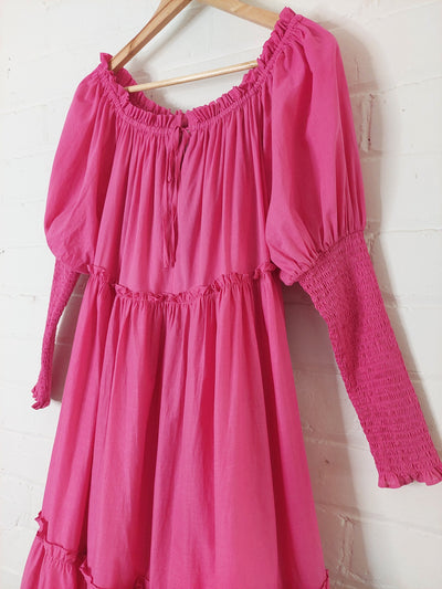 STEELE Saffron Cotton Midi Dress in Magenta Pink, Size M (AU 10 / US 6)