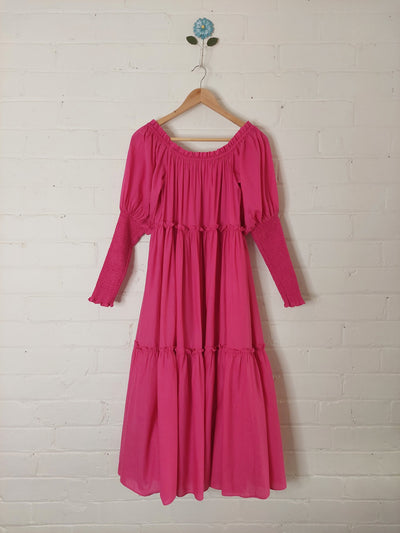 STEELE Saffron Cotton Midi Dress in Magenta Pink, Size M (AU 10 / US 6)