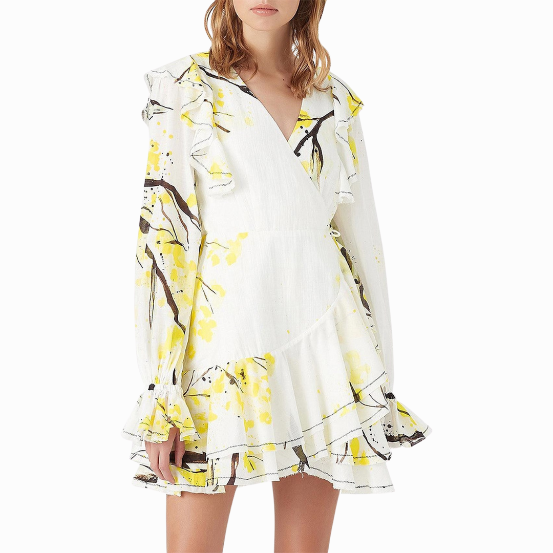 Aje Mimosa Wrap Mini Dress in Wattle Print, Size 12