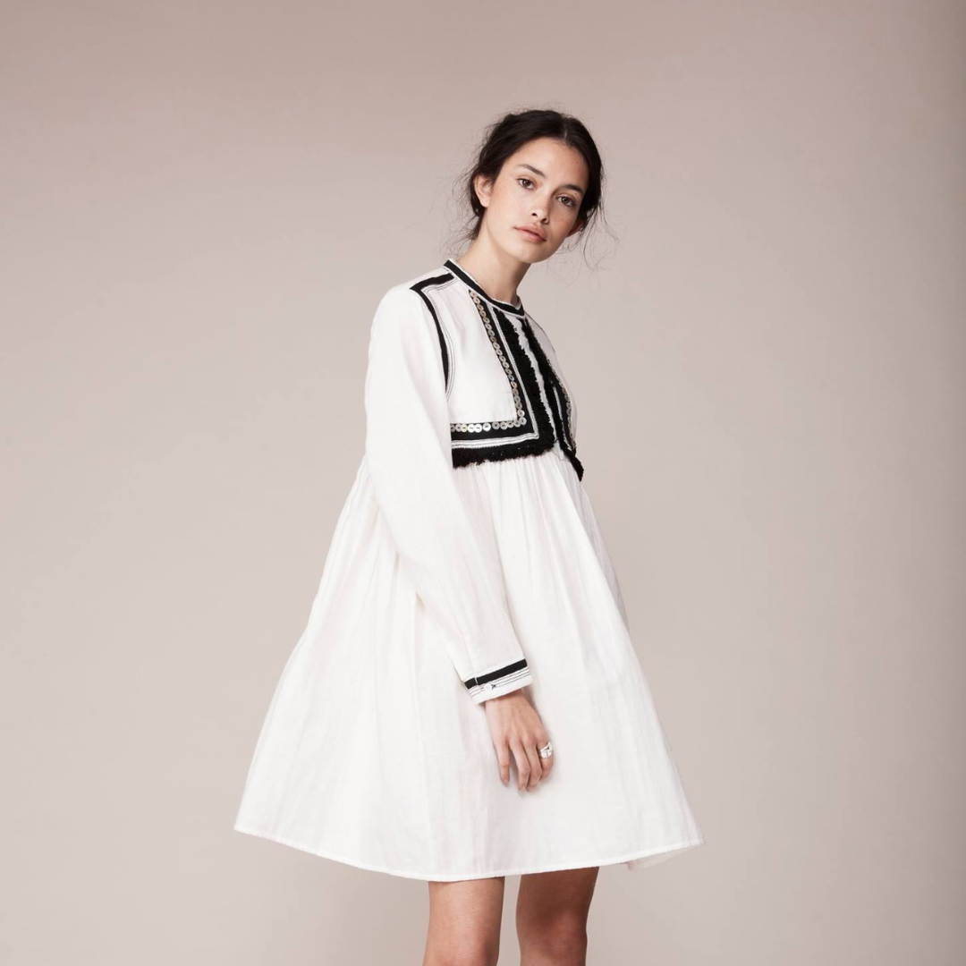 BINNY Cockle Tassel Trim Dress in White Cheesecloth Cotton, Size 10